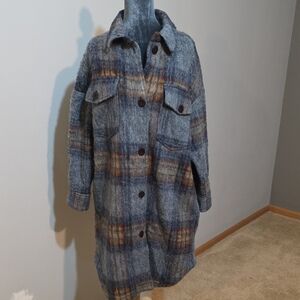 Zara Plaid Shacket | Oversized Wool-Blend | Blue Multi | Longline | Size‎ S